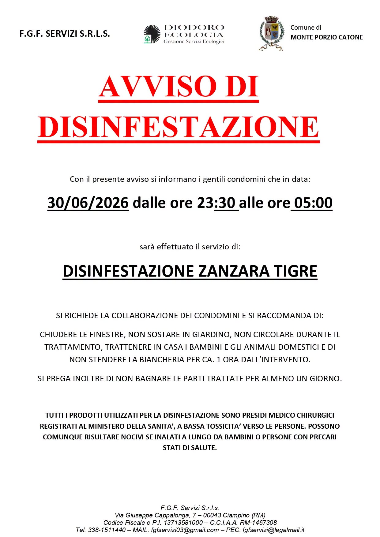 AVVISO ALLA CITTADINANZA- Disinfestazione contro la Zanzara Tigre